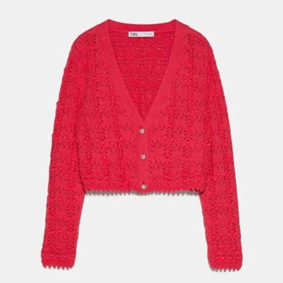Zara Sweaters - Zara Rhinestone Pointelle Knit Cropped Cardigan Sweater Fushia Pink Size Small